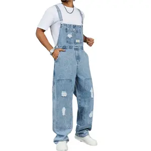 Plus-size Men's Trendy Denim Overalls, American Retro Multi-pocket Workwear Style Logging Pants, Heavy Washed Perforated Design, Three-dimensional Cut And Spliced Loose Straight Cut, Laid-back And Simple Plus-size Men's Denim Overalls Jumpsuit