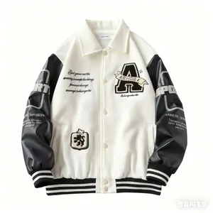 2025 American Retro Baseball Jacket – Starry Sky Patchwork, PU Leather Sleeves, Towel Embroidery (College Style)