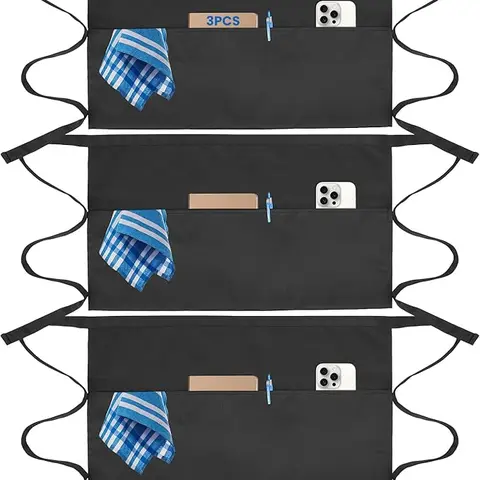 3 Pcs Server Apron with 3 Pockets, aprons for women with pockets, waterproof apron with waitress apron, aprons for men black apron Plus Size Workuniform
