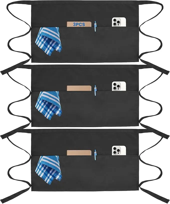 3 Pcs Server Apron with 3 Pockets, aprons for women with pockets, waterproof apron with waitress apron, aprons for men black apron Plus Size Workuniform