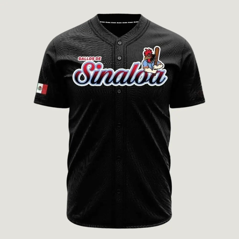 Gallos de Sinaloa Black Baseball Jersey – Mexico Heritage Button-Up Fan Shirt, Vintage Baseball Style, Breathable Athletic Sports Jersey, Gift for Mexican Baseball Fans