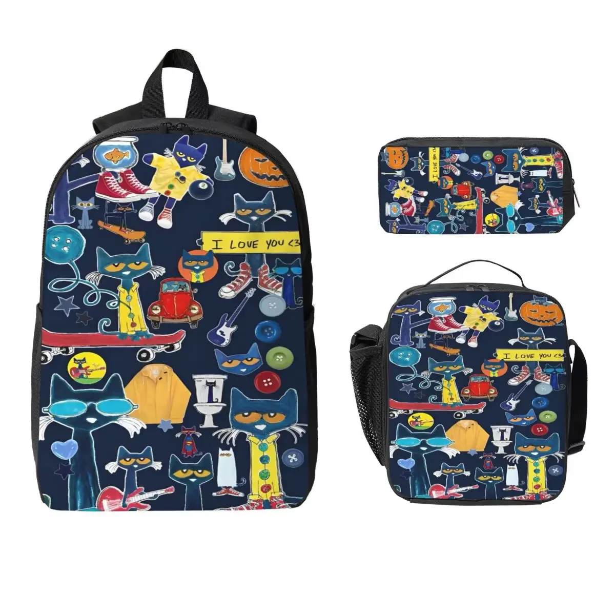 3Pcs Pete The Cat I Love My White Shoes merch Backpack Set for Kids Pen Bags Bookbag Sets with Lunch Box For School Knapsack