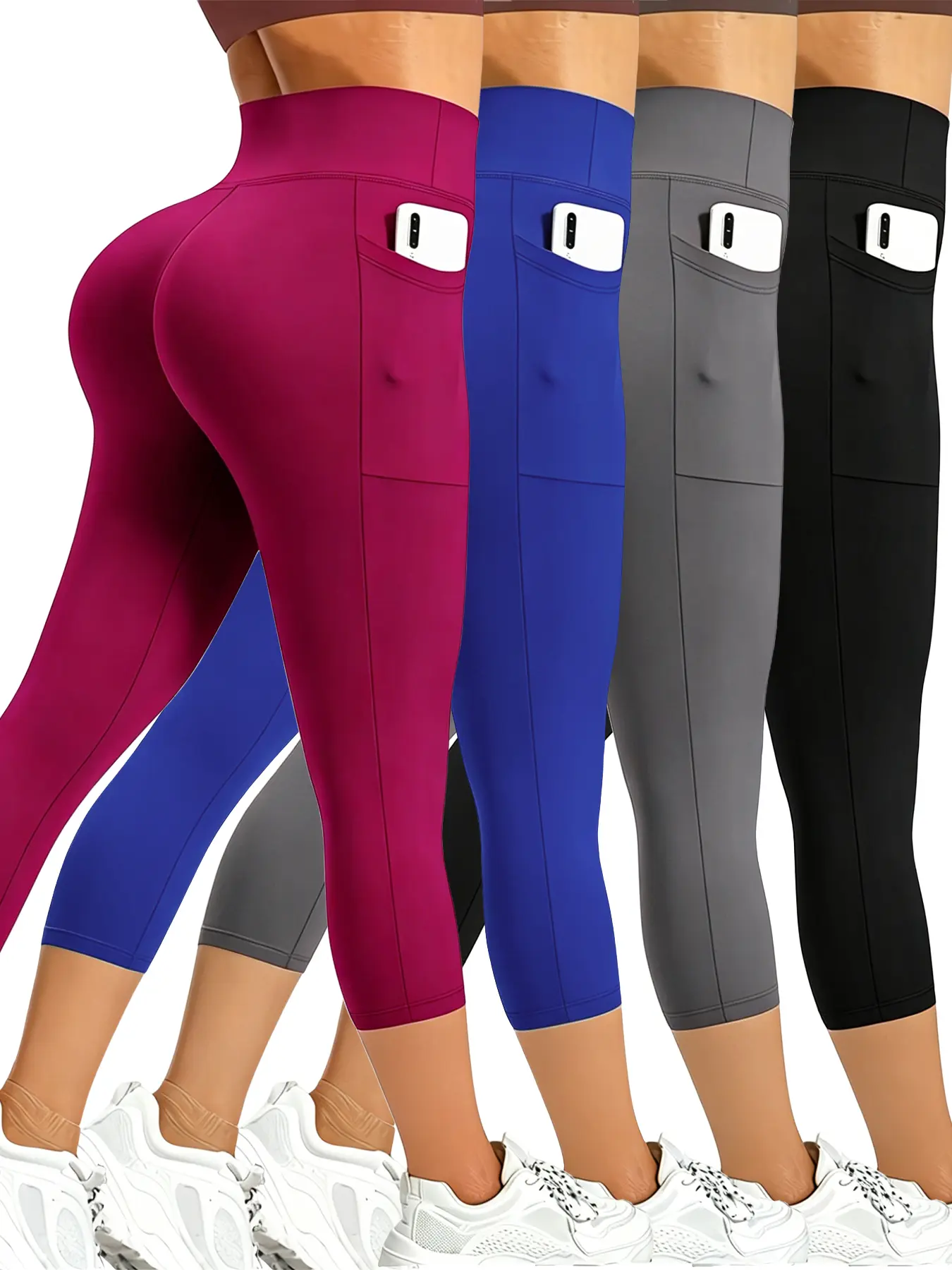 Women's Cropped Pants, High Waist Mixed Color Capri Pants (Black, Red, Grey, Blue), Tummy Control Firm Fit, Breathable