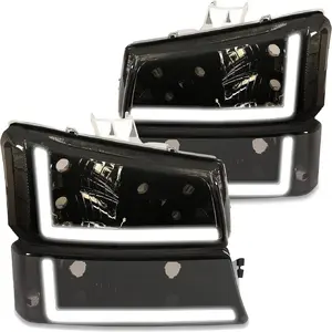 KQQIO Pair Headlights Assembly Compatible with 2003-2007 Chevy Avalanche Silverado 1500 2500 3500 LED DRL Tube Bar Bumper Parking Lights Headlamps (Smoked Lens+Chrome Housing) Left Right