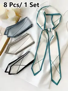 8 Pcs / 1 Set Elegant French Colorblock Plaid Scarf Set, 8 Pieces, Suitable for Women and Girls, Vintage Hairband, Multifunctional Accessories