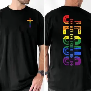 Jesus The Way The Truth The Life Rainbow Cross Christian LGBTQ Pride T-Shirt Shirt Round Neck