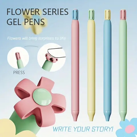 4-Pack Flower Series Retractable Gel Ink Pens, Pen Set, Plastic, Quick-Drying, Medium Point - Creative Transformable Flower Push-Top Stress Relief Writing Pens, Black Ink Office Signature Pens, Aesthetic Pens, Creative Stationery, Office Supplies