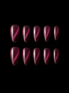 Medium Almond Burgundy Cat Eye Press-On Nails with Glossy Shimmer Finish