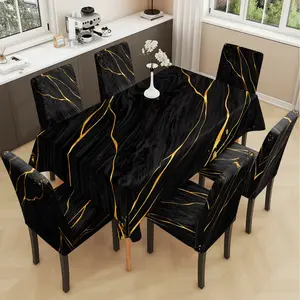 2/5/7PCS restaurant chair cover tablecloth, Dining Chair Cover, black gold-plated background printed table and chair protective cover, elastic polyester fiber sliding cover, dirt resistant, sewn closed, detachable cleaning, suitable for home, office