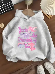 Girls' Dinosaur Hoodie Sweatshirt, Cute Cozy Sweatshirt, Cute Heart Letter Print, Comfortable Fabric, Casual Style, Spring & Fall Wear, Kids' Fitted Top