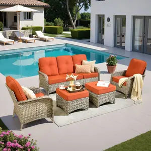 XIZZI 5-Pieces Patio Furniture Set, Outdoor Wicker Sofa Couch with Fire Pit Table, All Weather High Back Modern Conversation Set for Yard Balcony