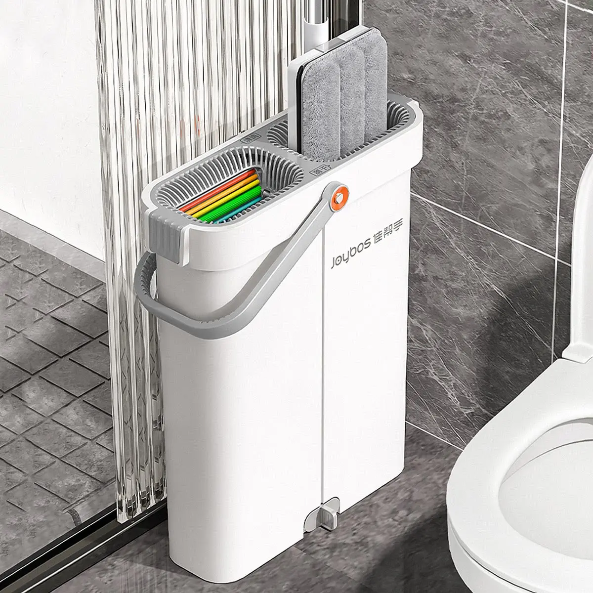 JOYBOS Mop and Bucket with Wringer Set,13'' Large Flat Floor Mop and Bucket System,Washable Microfiber Mops and Squeegee Blade, Stainless Steel handle,Wet and Dry Use,Floor Cleaning System for All Floor Types and Windows with bucket gray Adjustable