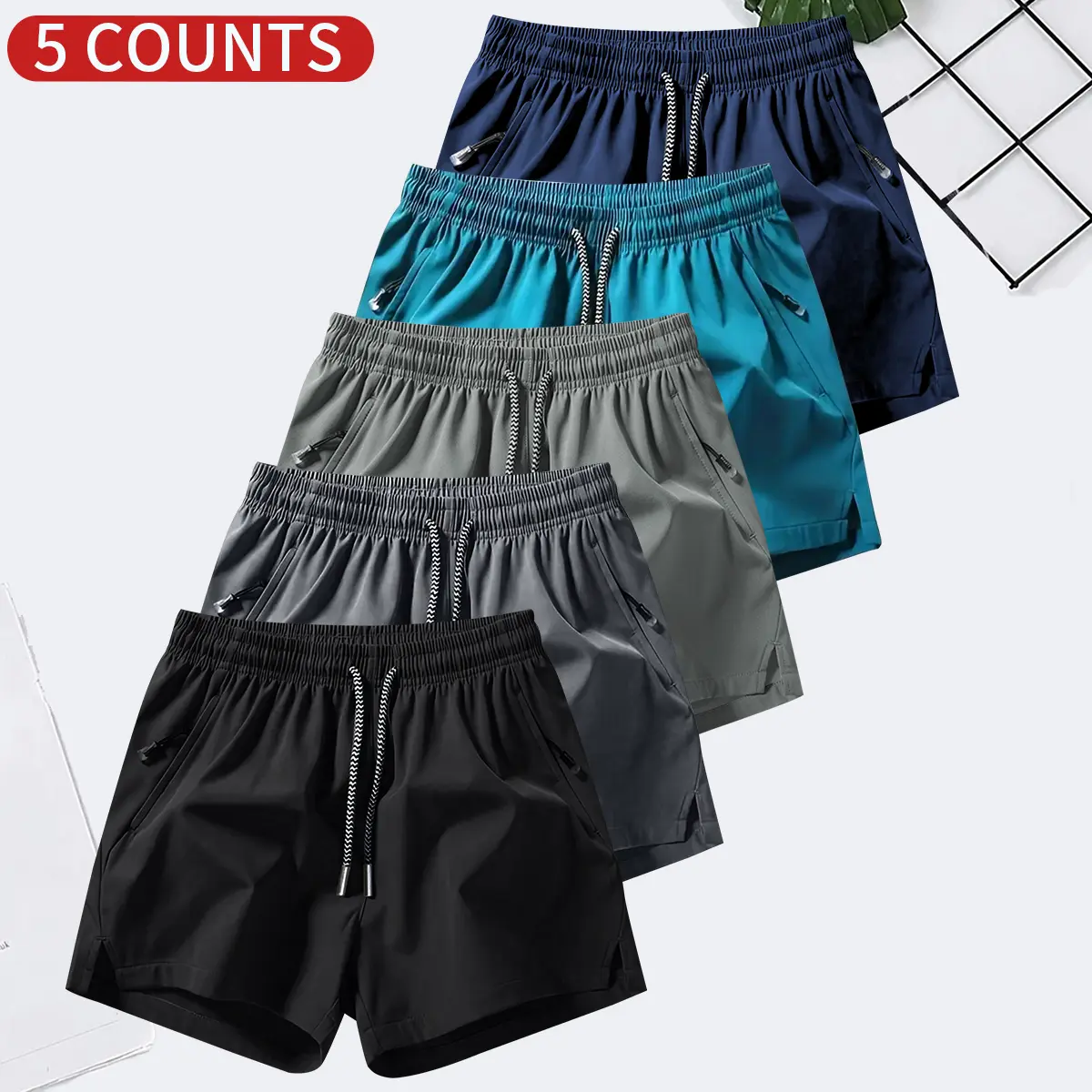 Men's Solid Color Casual Shorts Five-Piece Set, With Zipper Pockets, Summer Fashion Drawstring Sports Shorts, Suitable For Gym And Outdoor Wear Men's Solid Color Casual Shorts Five-Piece Set, With Zipper Pockets, Summer Fashion Drawstring Sports Shorts, Suitable For Gym And Outdoor Wear