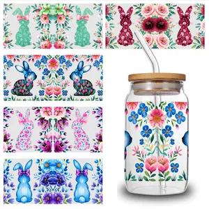 5 Sheets Floral Bunny UV DTF Stickers UV DTF Stickers Cups Decoration Plastic Self-Adhesive Labels for 16 oz Tumbler UV DTF Transfer Stickers for Glass Cups side  eyes  sticker