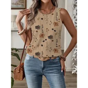 EMERY ROSE Casual Floral Print Round Neck Tank Top For Women, Suitable For Summer