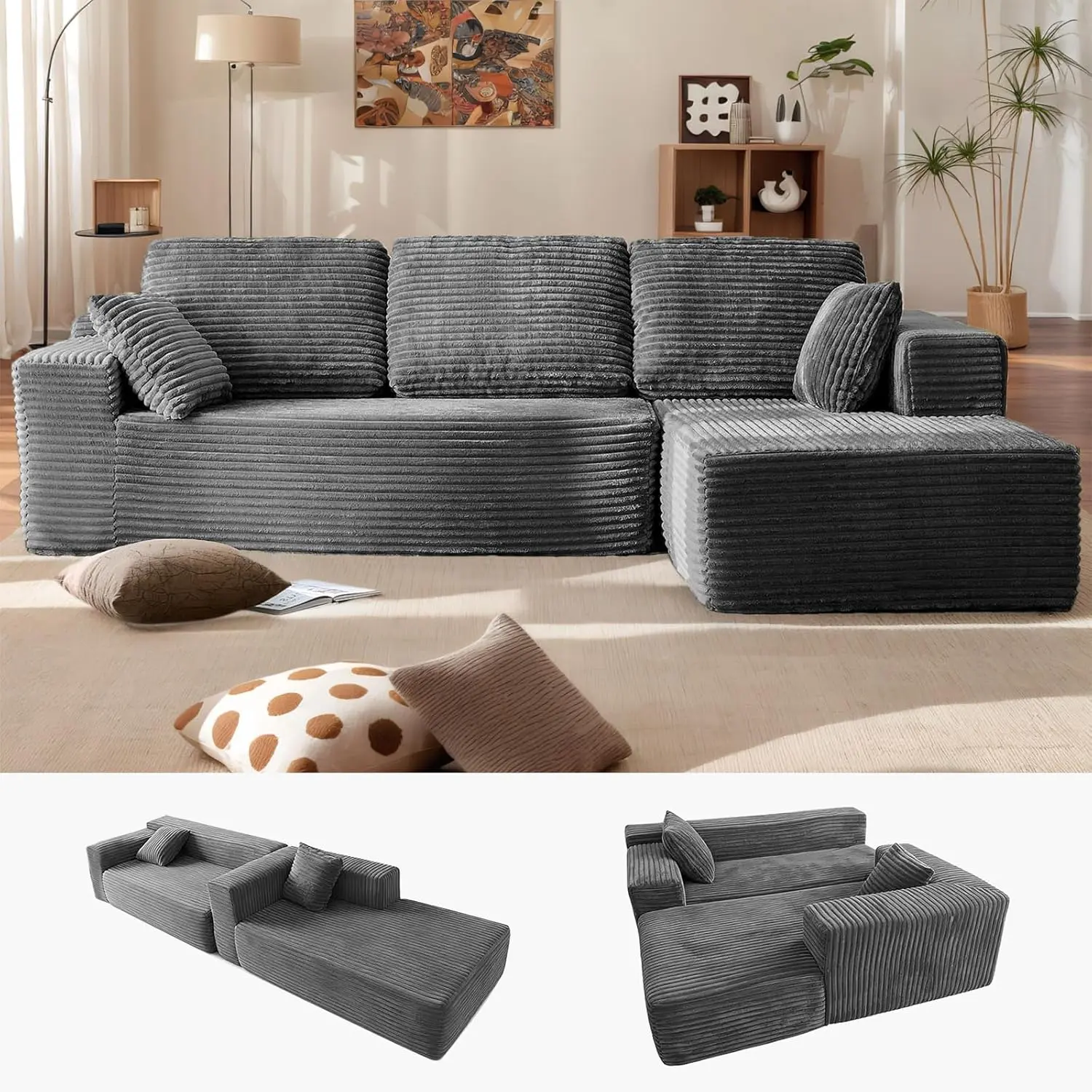 L-Shaped Corduroy Chenille Cloud Sofa with Fixed Arms, Deep Seat Chaise, Boneless Down Foam Cushions, Pre-Assembled Modular Oversized Loveseat, Comfy DIY Compression Lounger, Sofas Living Room, Couch for Living Room Indoor Furniture summerwins,summerwins