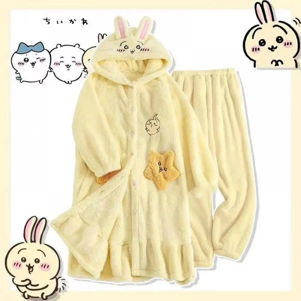 Women's Cute Chiikawa Usagi Cartoon Thickened Long Sleeve 2-Piece Pyjama Set - Autumn Winter Warm Flannel Nightwear Loungewear, Sweet Home Clothing, Pyjama Sets