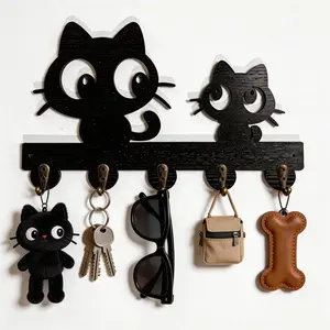 Cat-Themed Wooden Multi-Functional Hook with 5 Hooks, Modern Key Holder for Wall Decoration, Ideal for Hallways, Homes, Living Rooms, Kitchens