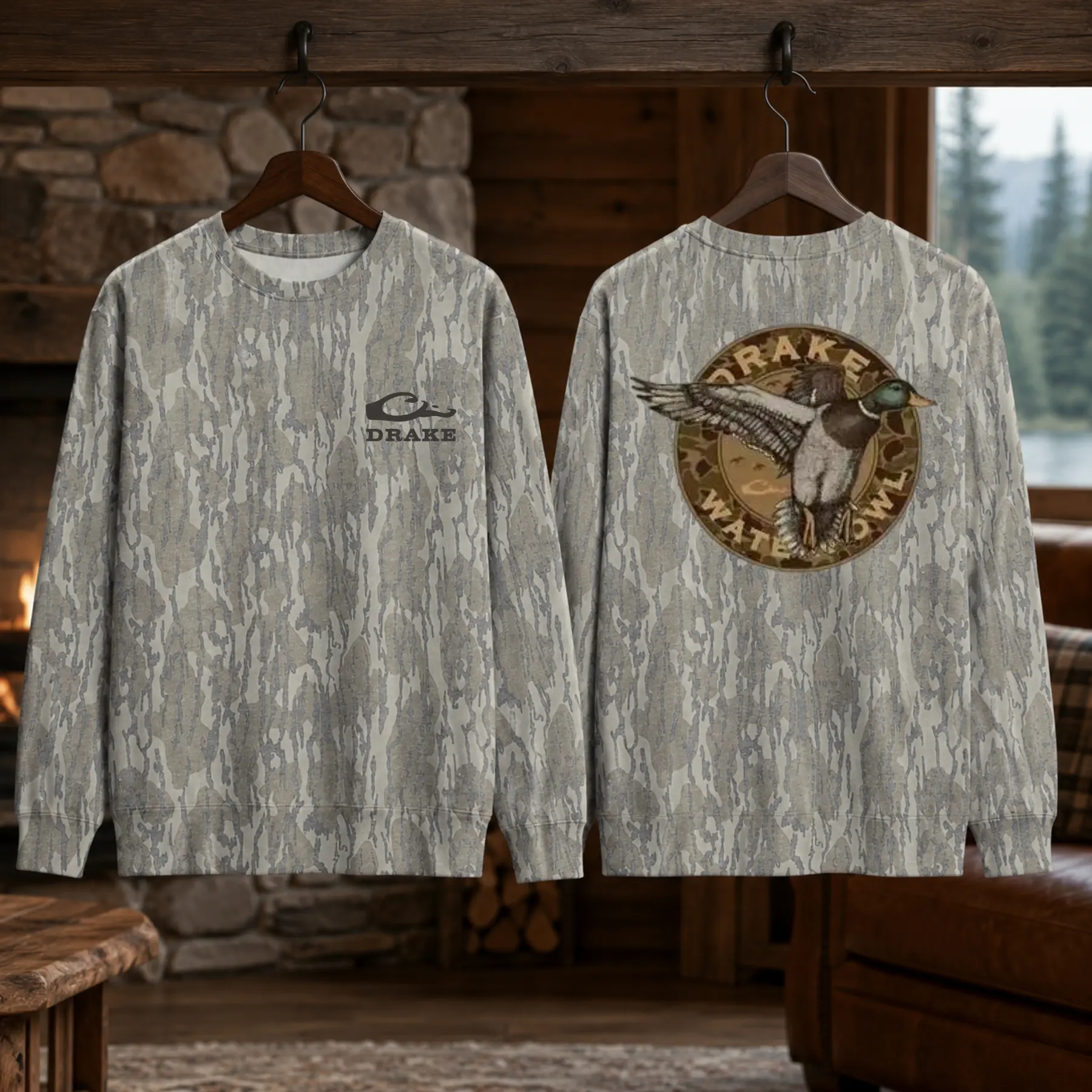 Drake Waterfowl Flying Mallard Duck Camo Sweatshirt for Men, Bottomland Style Hunting Crewneck Pullover, Outdoor Waterfowl Graphic Sweatshirt