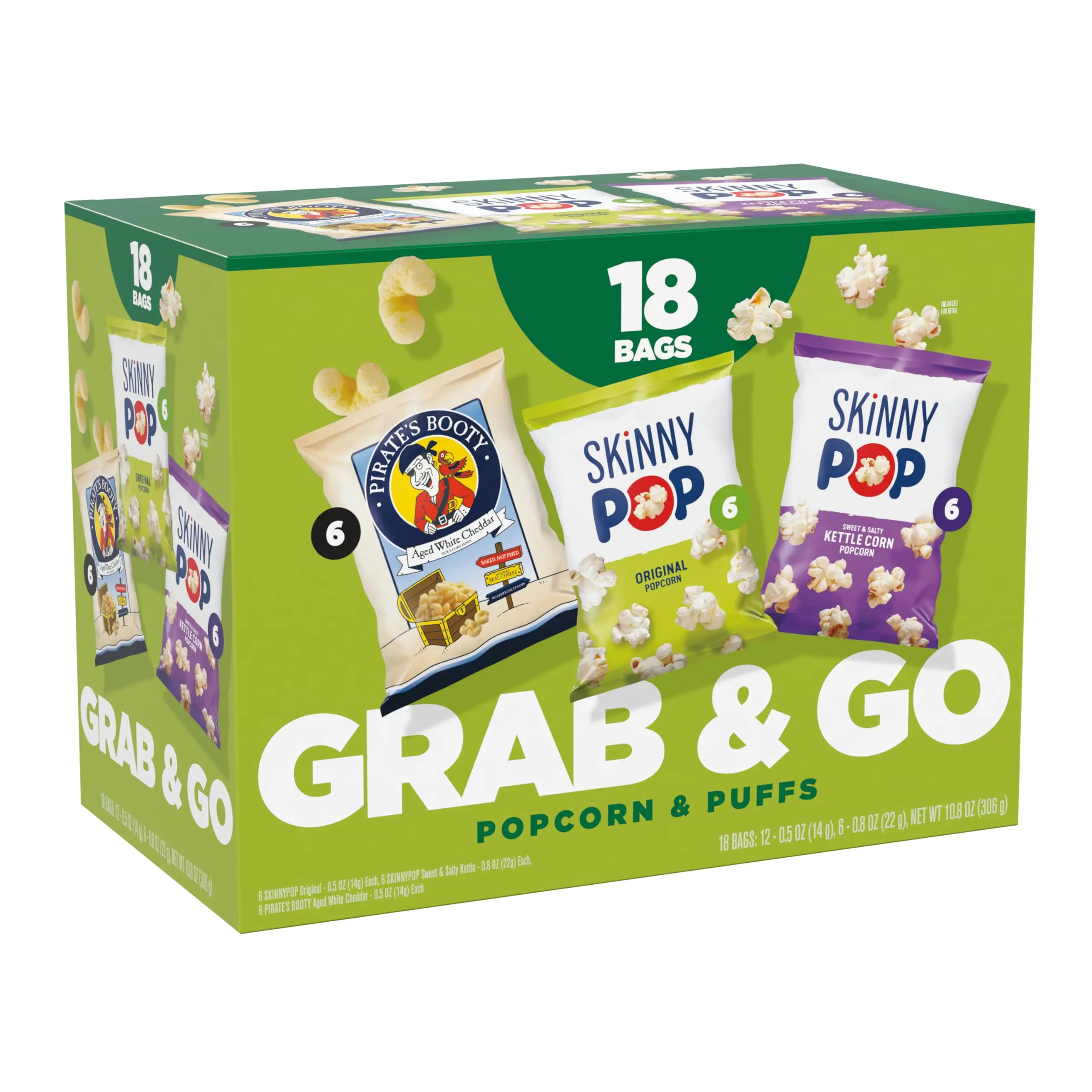 SkinnyPop Popcorn & Puffs Variety Variety Pack, SkinnyPop Original and Kettle Corn, and Pirate's Booty, Gluten-Free, Individually Sized Snack Bags, 0.5oz and 0.8oz Bags (18 Count)
