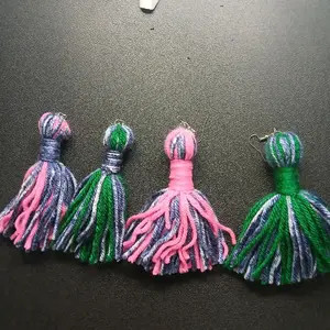 Denim Me Handmade Yarn Tassel Earrings for Women - Available in Green and Denim, Pink and Denim, Sizes Small & Regular