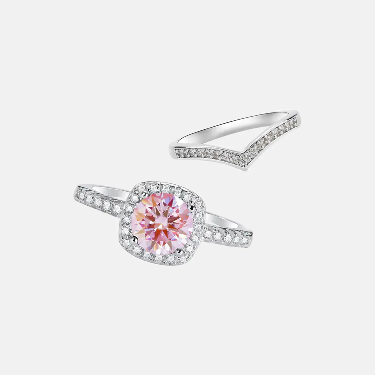 【120】Pink Synthetic Moissanite Ring with V Band Ring