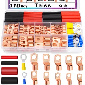 110PCS Copper Wire Lugs,battery lugs AWG 2/4/6/8/10/12/14/16 Gauge Copper lugs Assortment,Battery Cable Ends Copper Ring Terminals Connectors with Heat Shrink