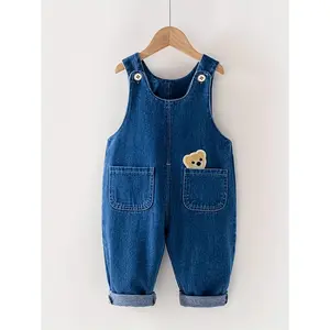 Unisex Faux Denim Overalls with Bear Patch - Casual Loose Fit Spring/Fall Baby & Toddler Pants, Non-Stretch Fabric, Pockets, Perfect for Outdoor Play, Baby Clothes, Playful Children'S Attire, Durable Children'S Wear, for Outdoor