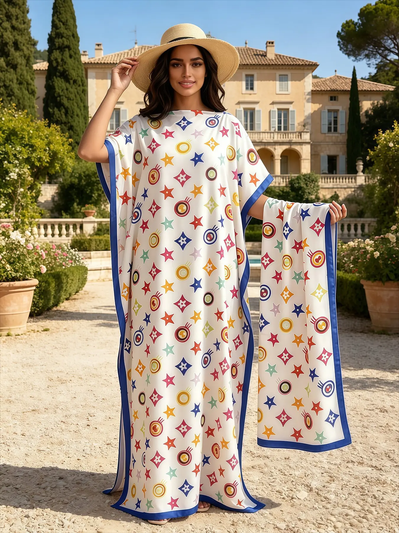 Elegant Geometric Print Robe Set, Long Dress + Headscarf Scarf Hairband, Women's Outdoor Beach Sun Protection Silk Shawl, Casual Loose Fit, Beachwear, Summer Coverup, Beach Coverup
