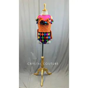 Orange Zsa Zsa and Multicolored Checkered Leotard - Rhinestones