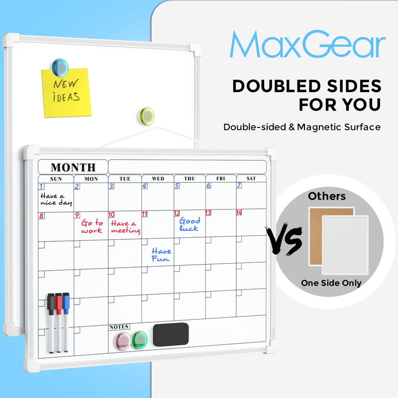 MaxGear 16"x12" Double-Sided Monthly Calendar Dry Erase Board for Wall Hanging Whiteboard with 3 Markers & 4 Magnets Portable for Students Planning Drawing Memo To-Do List