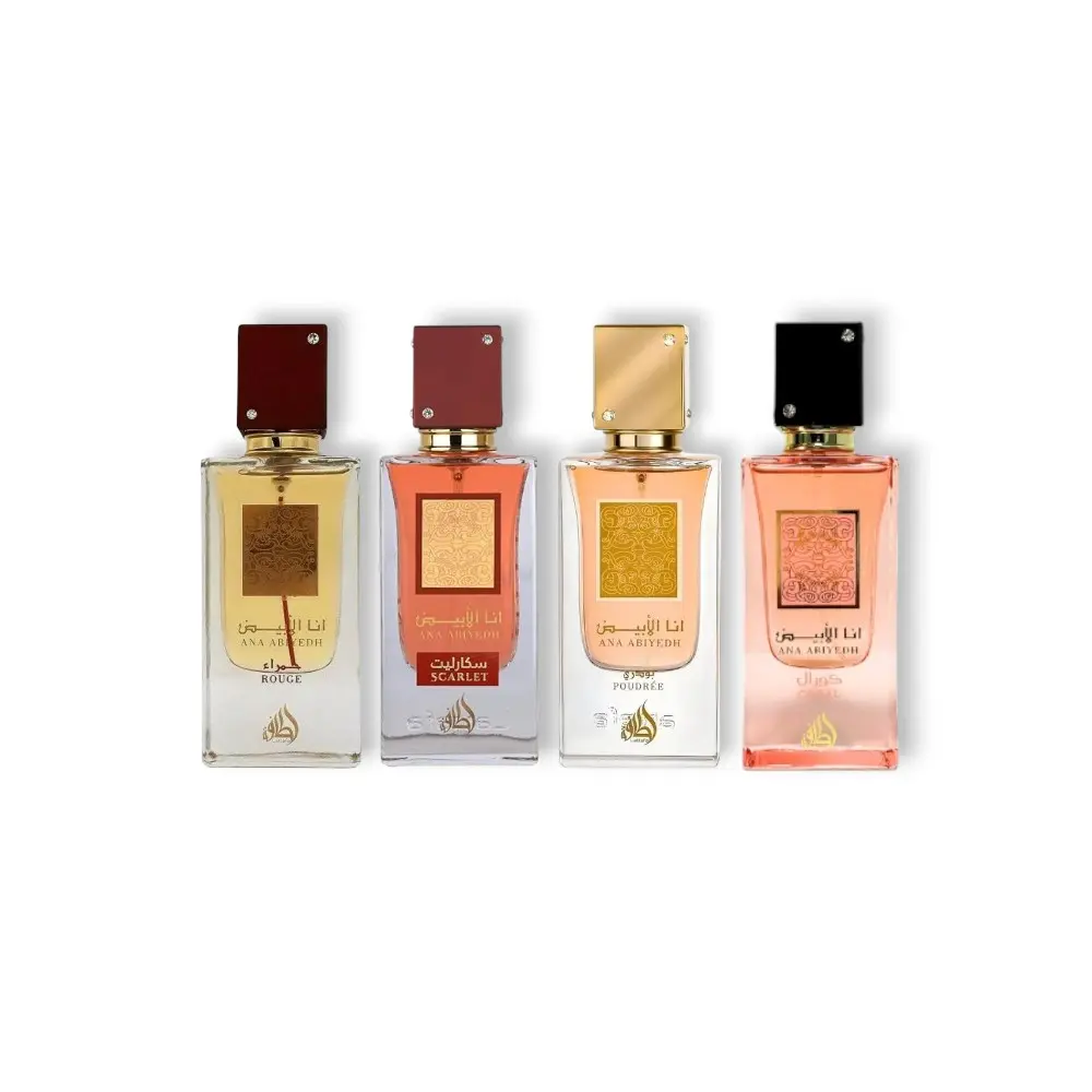 Lattafa Women's Alcohol-Based Fresh Eau de Parfum Multi-Pack, 60 ml Per Bottle, Includes Ana Abiyedh Rouge, Scarlet, Poudree, Coral Fragrances