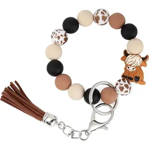 Cow Skull Leopard Print Silicone Beaded Bracelet Keychain Wristlet Key Chains Halloween Gifts for Women