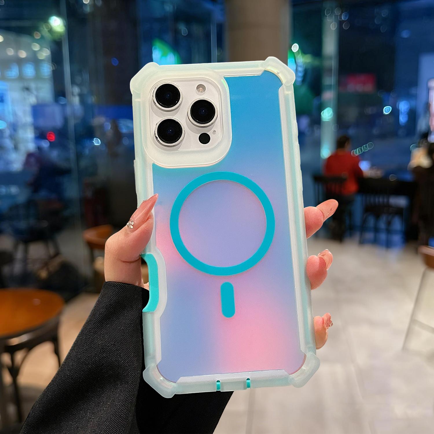 For iPhone 17 Pro Max Case/17 Air/17 Pro/17 16 15 14 13 , Iridescent Back, Magnetic Support for MagSafe Shockproof Cover, Crystal and Corner High-Duty Protection for Girls Women