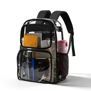 Clear Backpack for School - 17 inch Large Heavy Duty Stadium Approved Clear Bookbag, See Through PVC Transparent Backpacks for Travel College Work, Black
