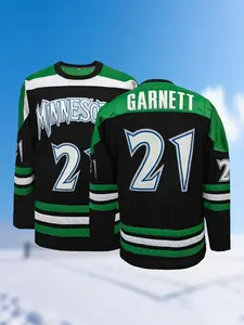 Men's Letter & Number Embroidery Hockey Jersey, Ice Hockey Minnesota #21 Jersey, Breathable V-Neck Long Sleeve T-Shirt, Unisex for Training and Competition