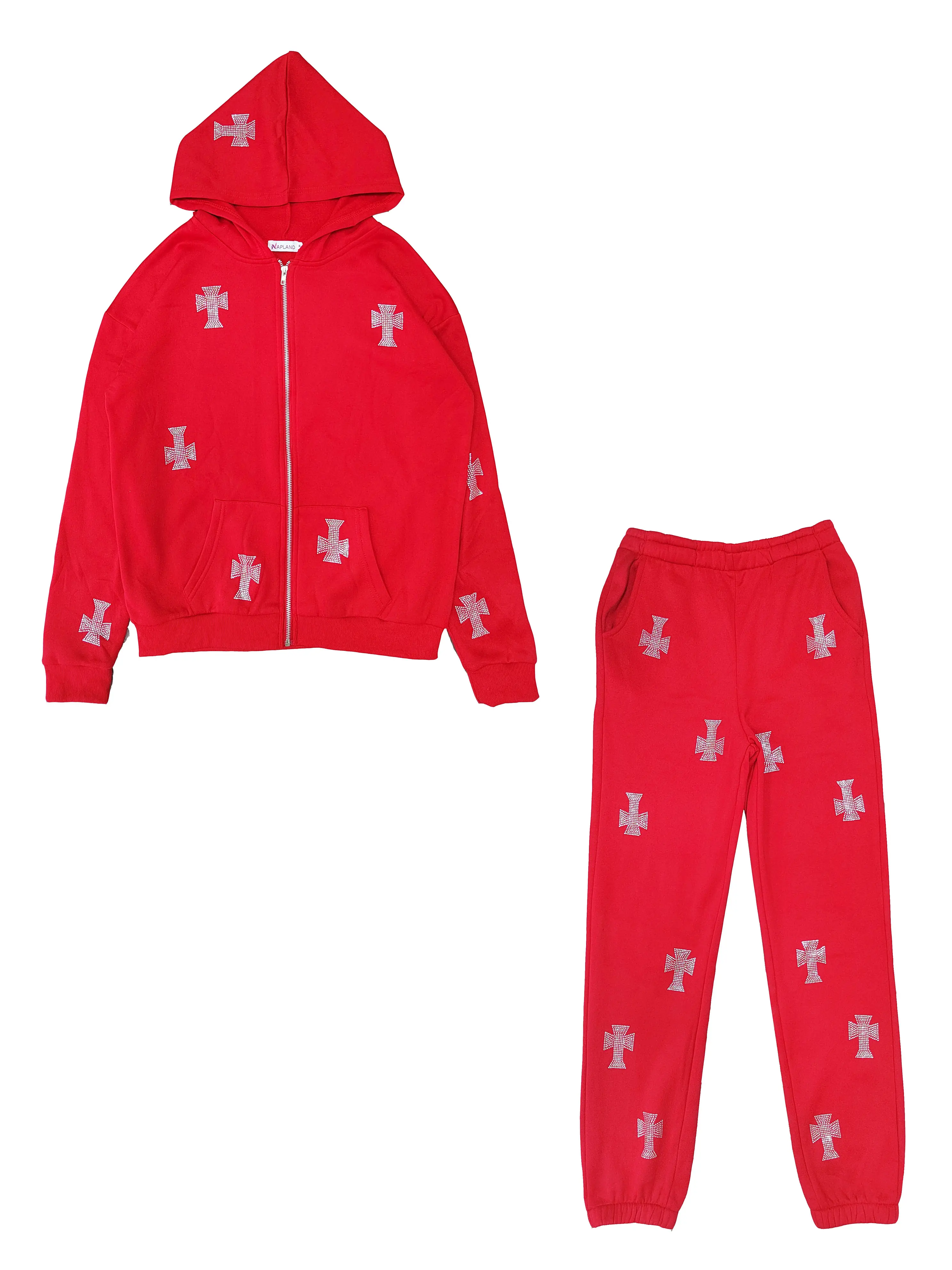 Y2K Rhinestone Graphic Pantsuits, Zip Up Pocket Hoodie & Jogger Sweatpants Outfits, Women's Clothing
