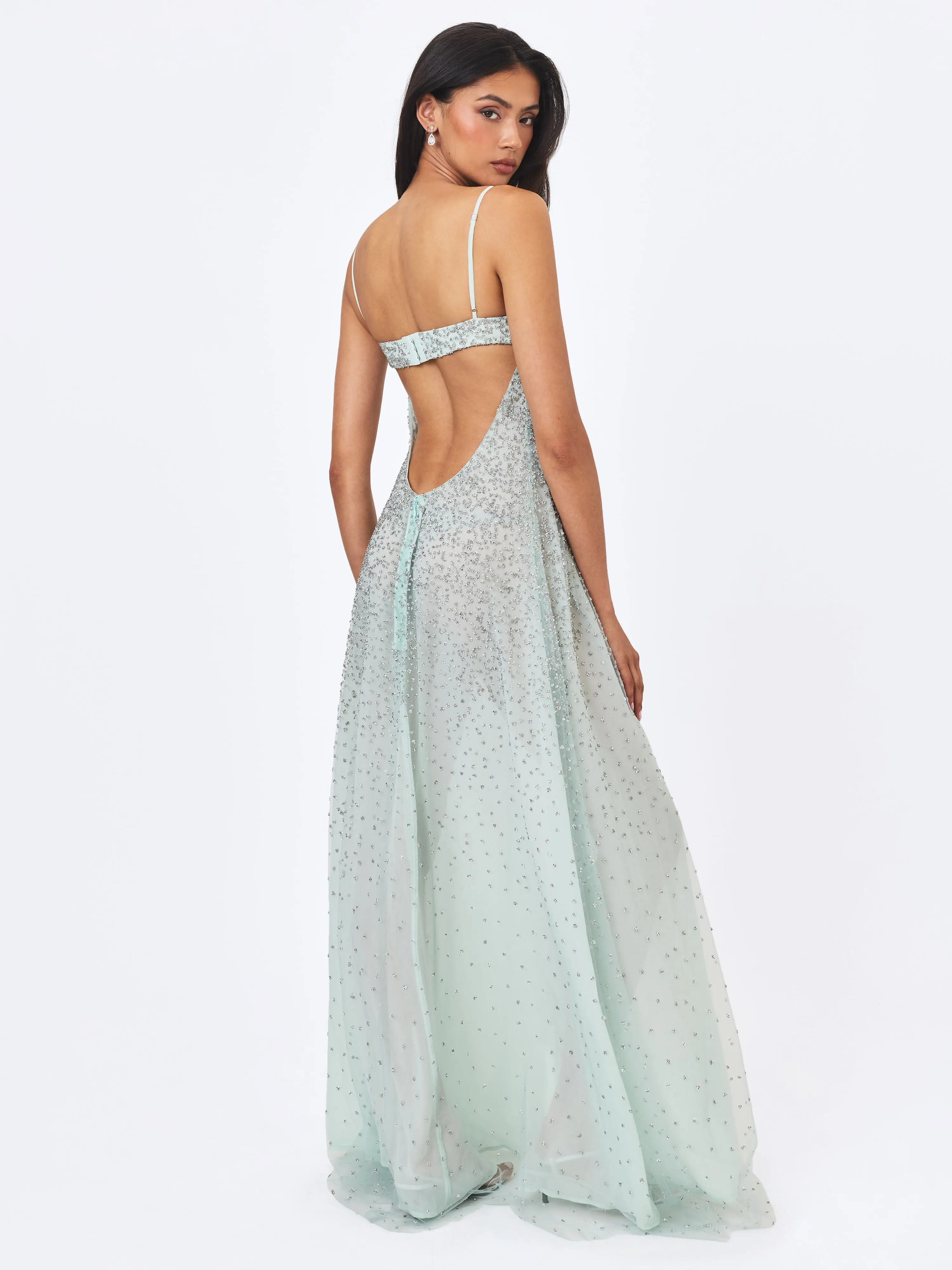 Wallie Mint Rhinestone Embellished Mesh Backless Gown