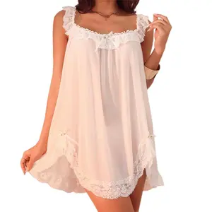 Women Nightdress, Sleeveless Lace Trim Sleep Dress Sleepwear Loungewear with Briefs