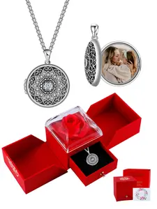 Lotus Locket Necklace That Holds Pictures Necklace With Rose Jewelry Gift Box, Personalized Photos Engraved Locket Necklace, Mother's Day Memorial Jewelry Gift for Mom Wife