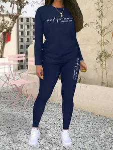Letter Print Women's Casual Sportswear Two-Piece Set, Yoga Tracksuit Set, Fashionable Long Sleeve Top & Tight Pants, Fall & Winter, Fitness Clothing