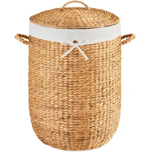 Best Choice Products Round Laundry Hamper w/ Lid, Handwoven Laundry Basket w/ Handles & Removable Liner