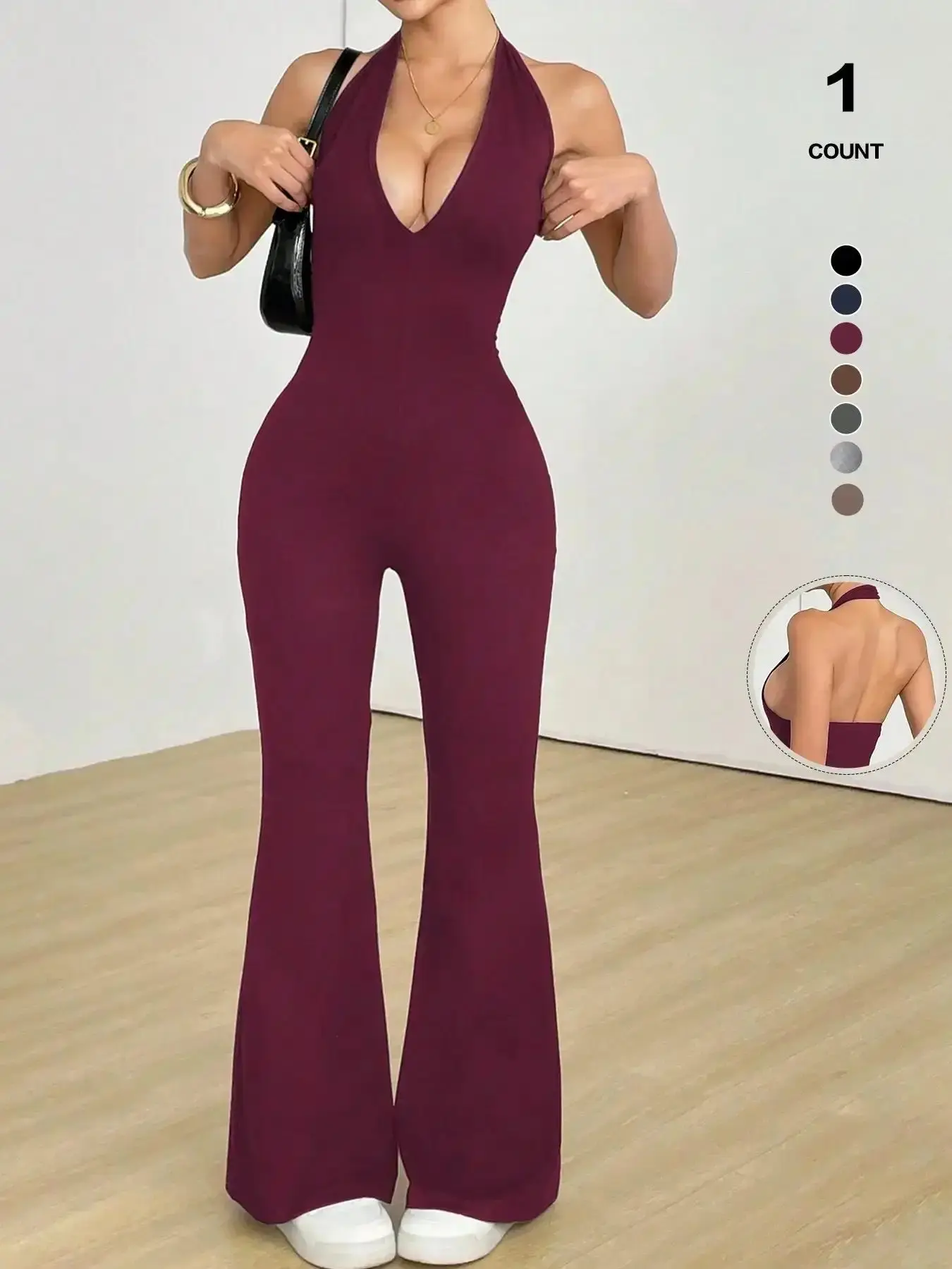 Women's Halter Neck Jumpsuit, Sleeveless Deep V Backless Chic Design, Flare Leg Romper for Casual Wear, High Waist Fitted Style flattering fit essential dressed down aesthetic
