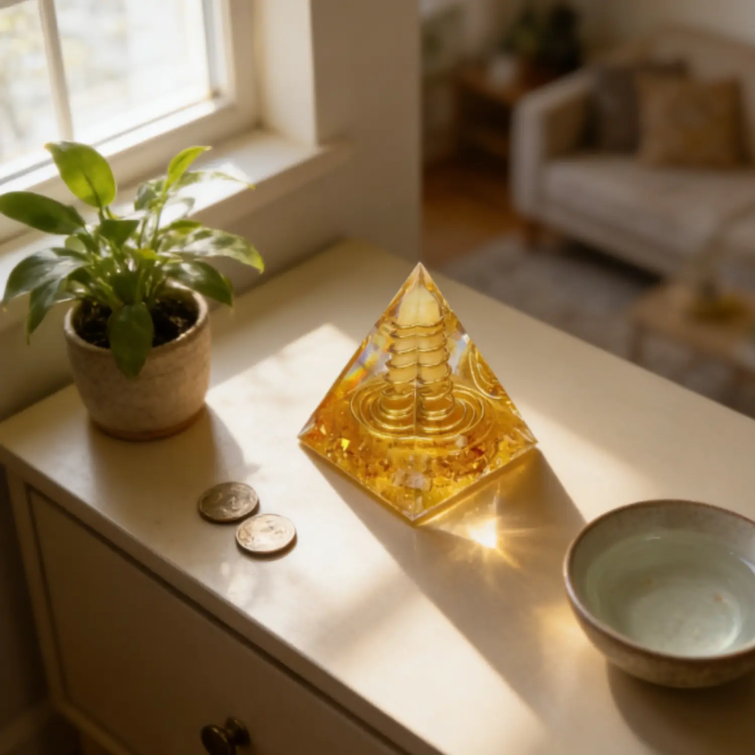 Citrine Double Terminated Orgone Pyramid – Copper Wire Crystal Healing for Office Wealth Attraction, Feng Shui Energy Balance Desk Decor, Spiritual Gift