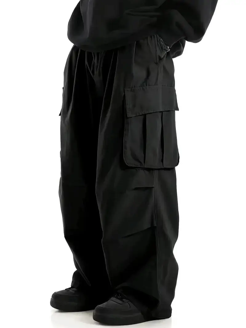 Men’s wide-leg cargo pants — streetwear brand straight-cut casual trousers with multiple pockets, American street style, drapey floor-length design Menswear Wideleg Plain