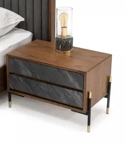 HomeRoots 473038 Mid Century Walnut & Gray Faux Marble Two Drawer Nightstand