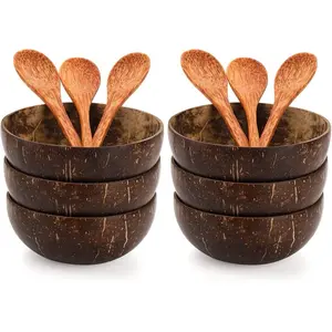 6 Pack Set Wooden Coconut Bowls + Spoons