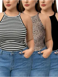 Spring Summer Fall Casual Home Soft Breathable Comfortable Striped Round Neck Vest Set, Three-Piece Inner Layer