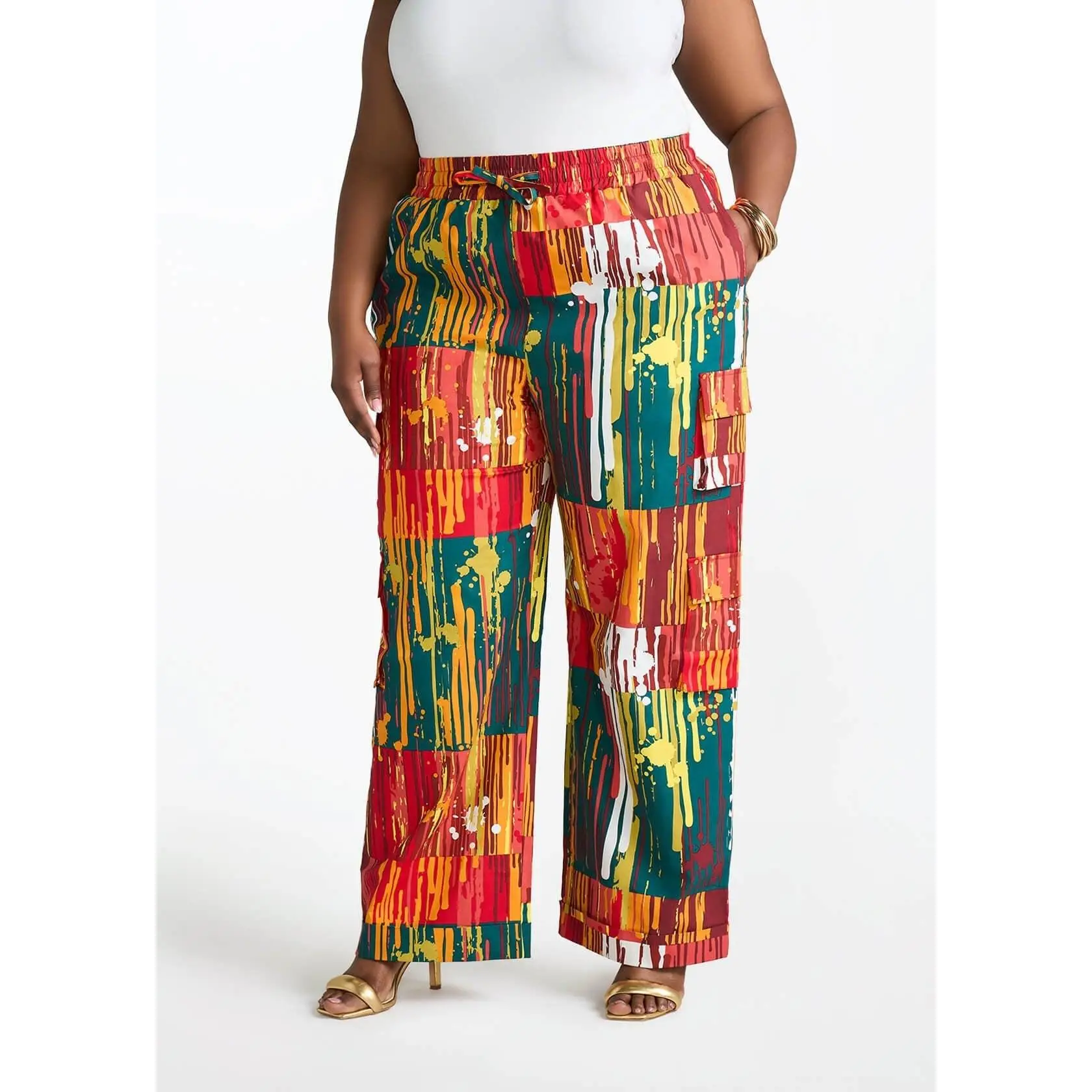 Ayoka Women's African Print Twill Cargo Pants (Forest Paint Splatter)