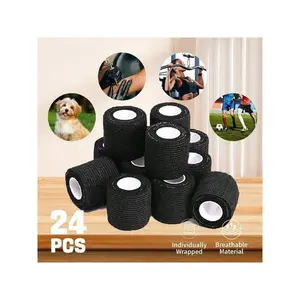 24pcs  Self Adhesive Bandage For Tattoo Machine Grip Black, 2" X 5 Yards Black Athletic Tape, Black Disposable Adhesive Tattoo Grip Tape, Summer Self Adhesive Breathable Sports Tapes, 6 Counts Elastic Non-woven Wrap for Ankle, Elbow, Gym Accessories Mini